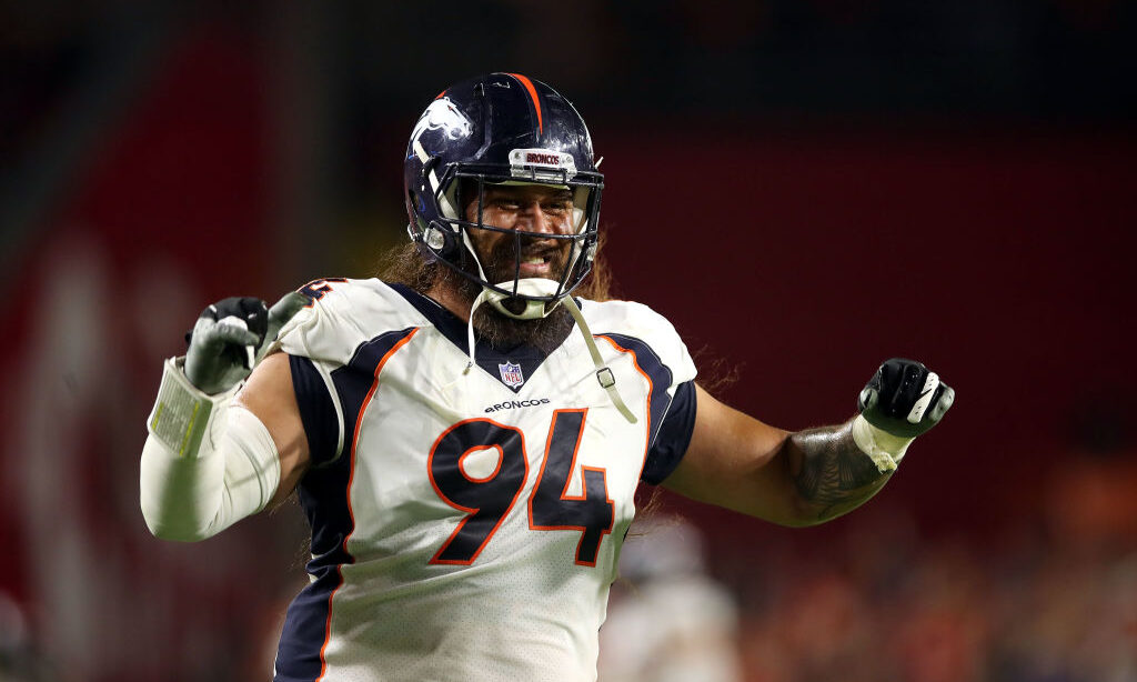 Defensive tackle Domata Sr. Peko #94 of the Denver Broncos reacts after a defensive stop during the...