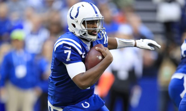 INDIANAPOLIS, INDIANA - OCTOBER 27: Jacoby Brissett #7 of the Indianapolis Colts runs with the ball...