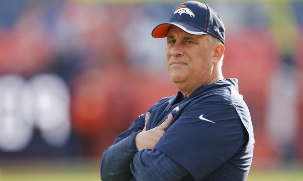DENVER, CO - DECEMBER 22: Denver Broncos Head Coach Vic Fangio watches warm-ups prior to a regular ...