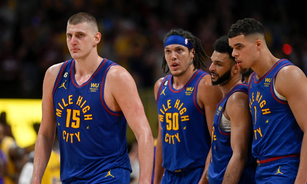 MAY 16: Nikola Jokic (15) of the Denver Nuggets leads Aaron Gordon (50), Jamal Murray (27) and Mich...