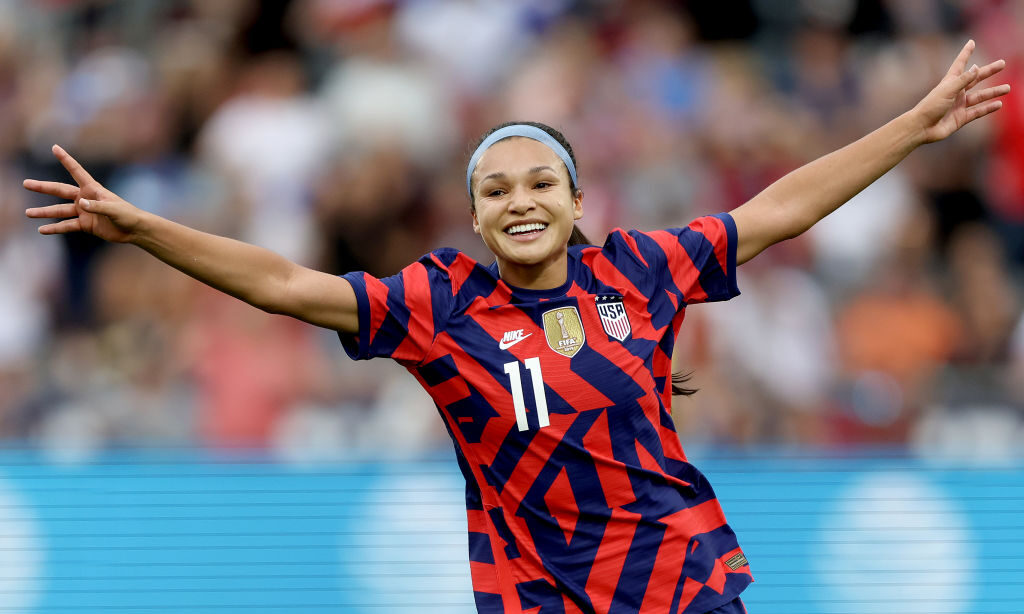Sophia Smith of Team USA celebrates scoring her second goal against Colombia in the second half at ...