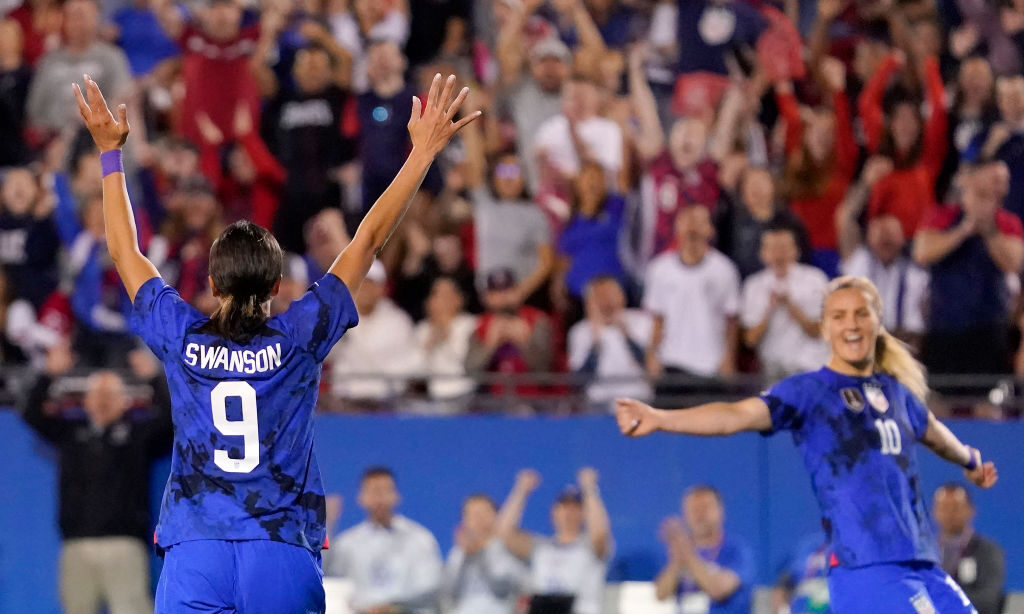 NWSL's and Denver native Mallory Swanson #9 of the United States celebrates with Lindsey Horan #10 ...
