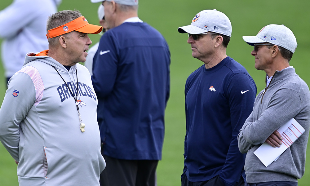 Sean Payton, George Paton and Greg Penner at Broncos rookie minicamp...
