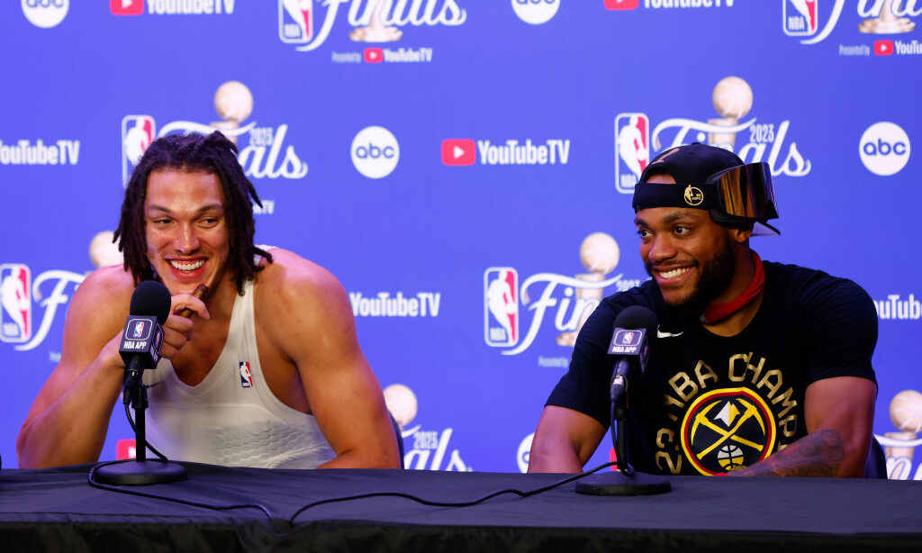 Aaron Gordon #50 and Bruce Brown #11 of the Denver Nuggets...