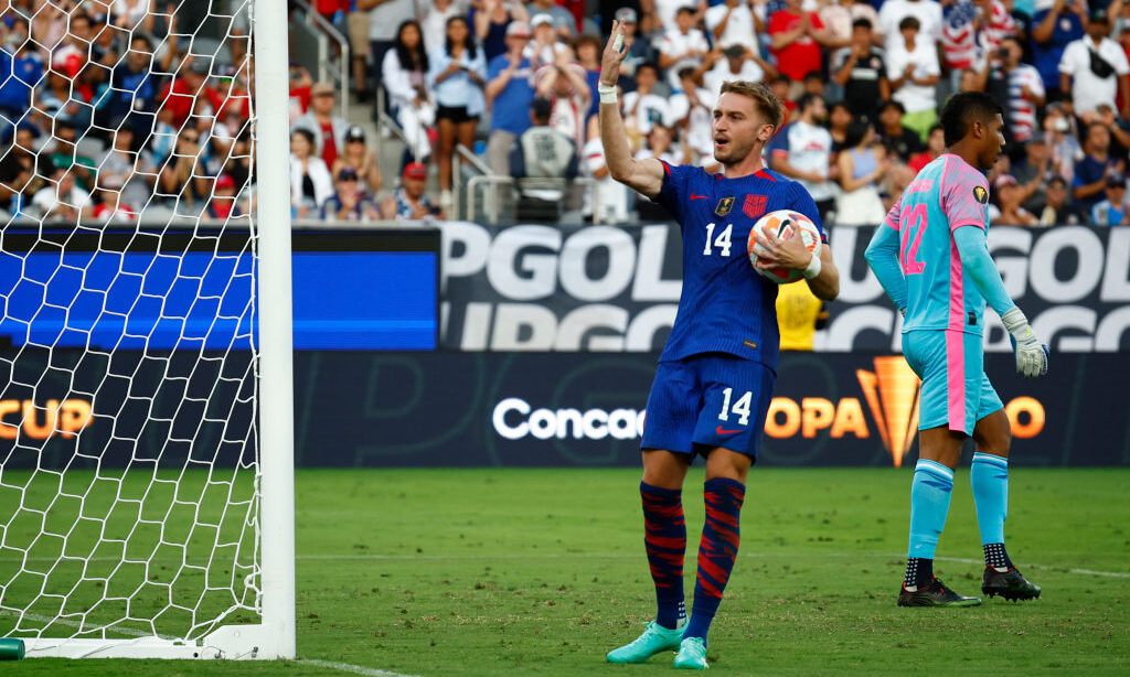 Djordje Mihailovic #14 of United States during the 2023 Concacaf Gold Cup Semifinals...