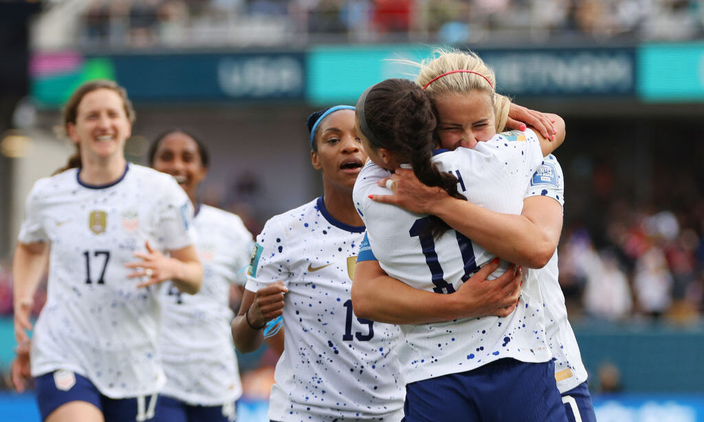 Sophia Smith (2nd R) of USA celebrates with teammate Lindsey Horan (1st R) after scoring her team's...