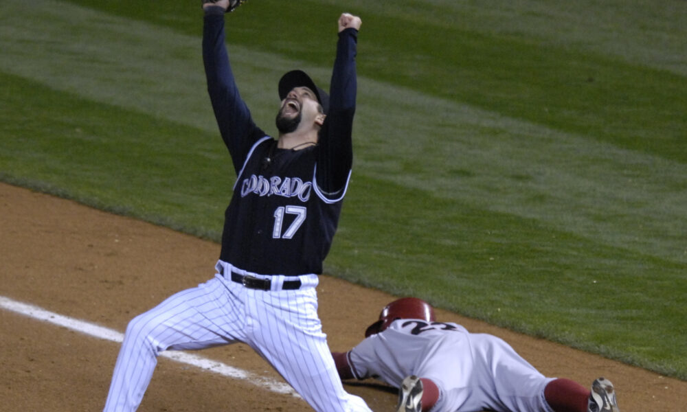 10.15.2007 -- Colorado Rockies first baseman Todd Helton celebrates the third out in the Rockies 6-...