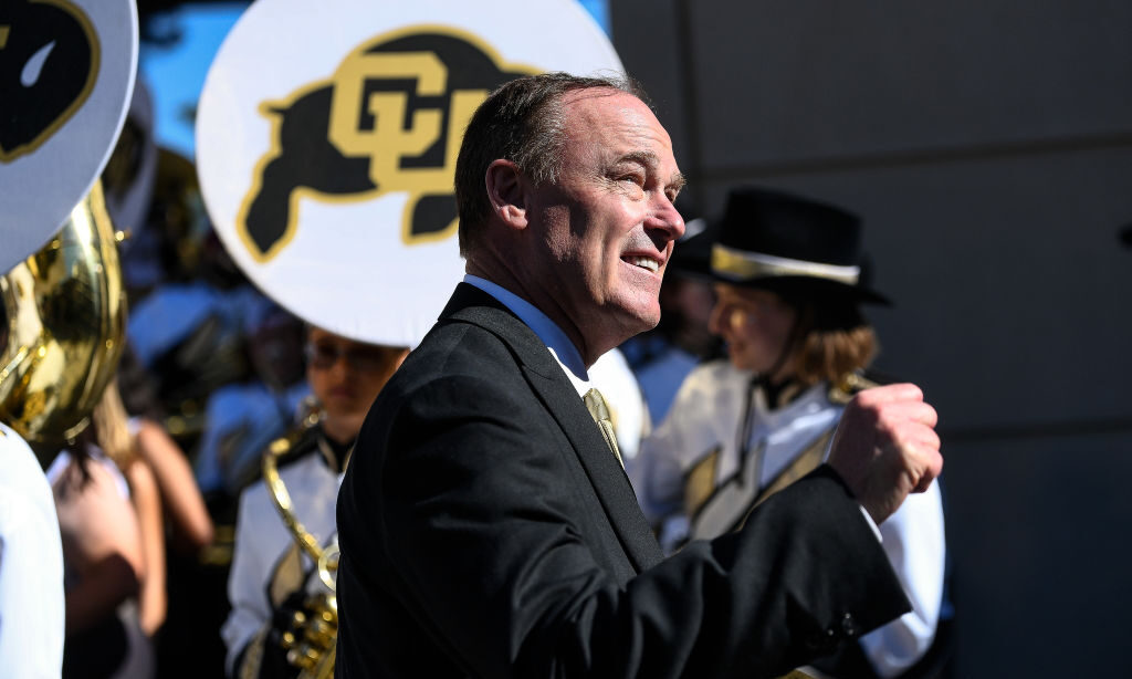 BOULDER, CO - SEPTEMBER 9: University of Colorado athletic director Rick George looks on before a g...