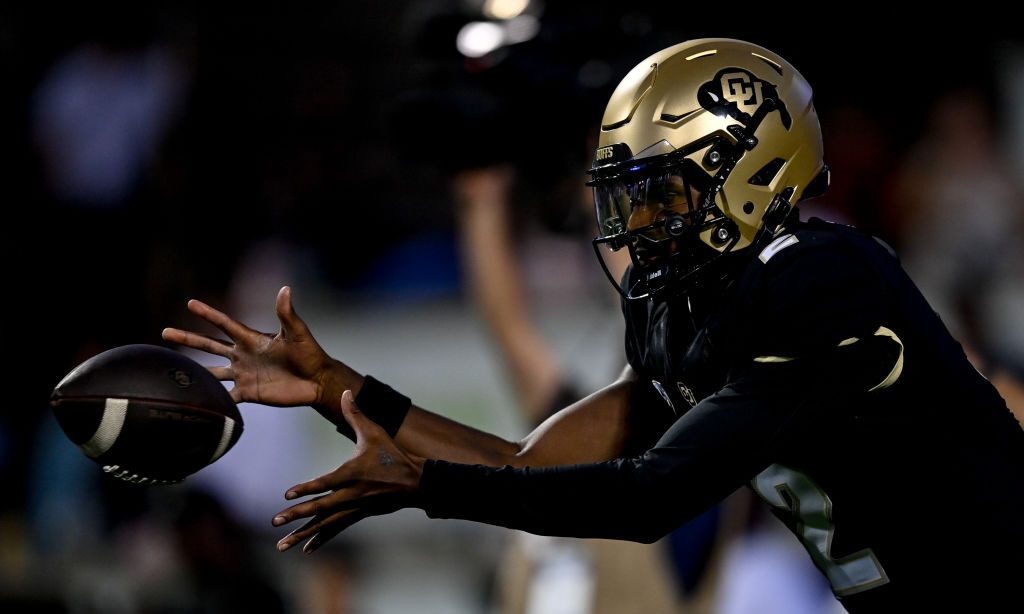 BOULDER, CO - SEPTEMBER 16: Quarterback Shedeur Sanders #2 of the Colorado Buffaloes warms up befor...