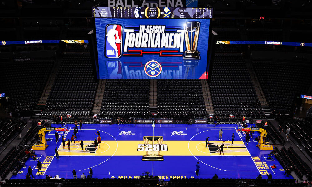 DENVER, COLORADO - NOVEMBER 3: A general view of the court is seen before the game between the Denv...