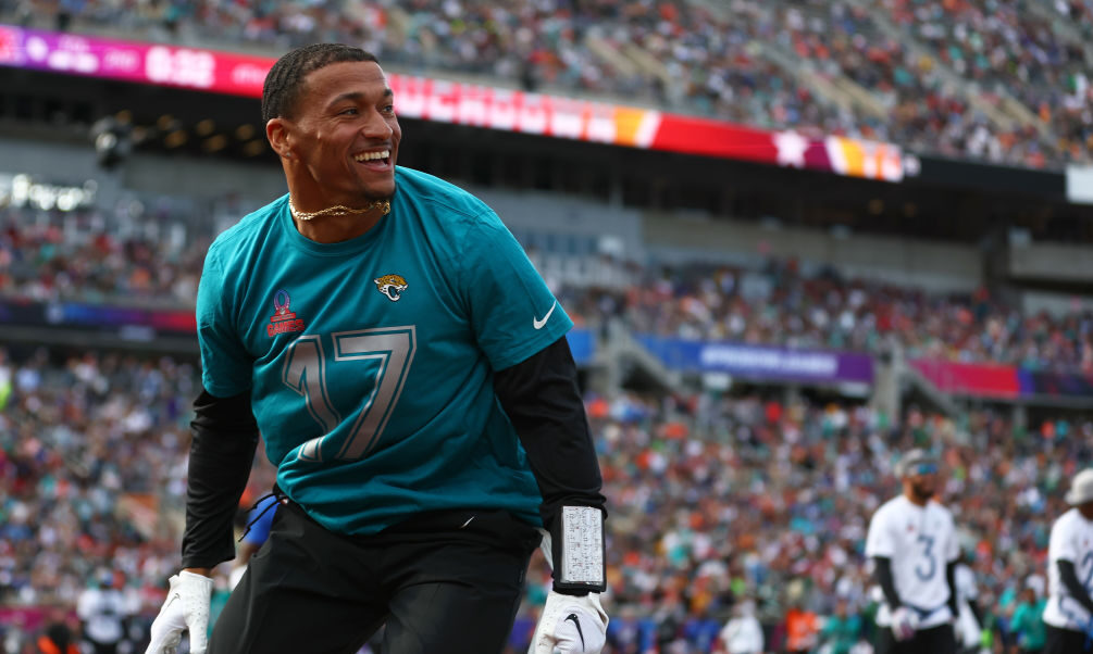 Evan Engram #17 of the Jacksonville Jaguars and AFC celebrates during the first half of the 2024 NF...