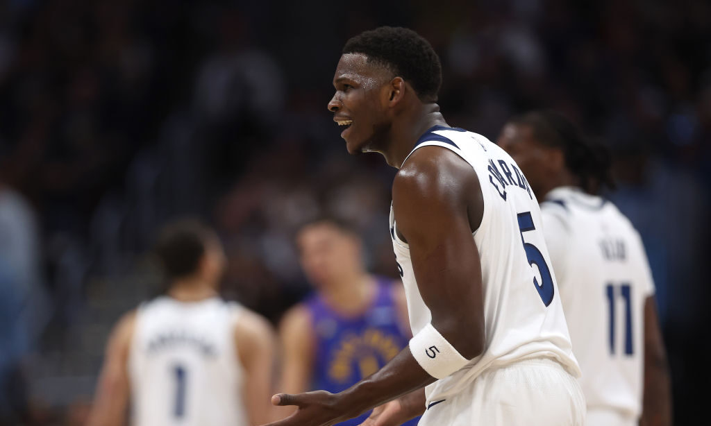 Anthony Edwards #5 of the Minnesota Timberwolves reacts to a technical foul against the Denver Nugg...