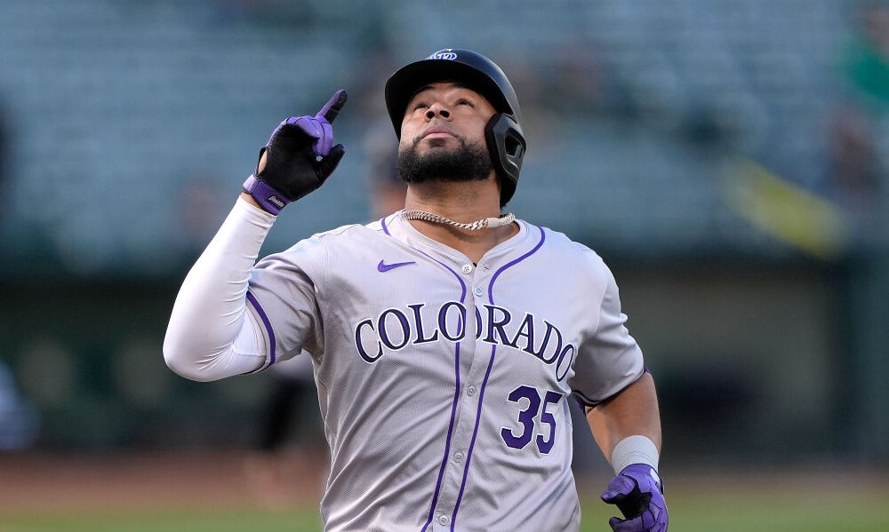 Elias Díaz #35 of the Colorado Rockies...