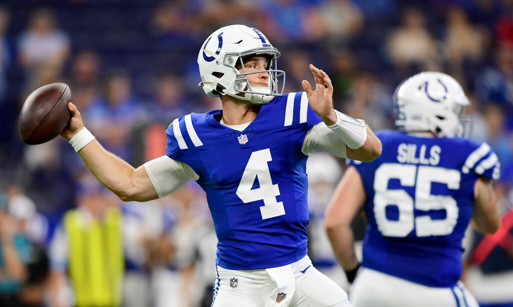 Sam Ehlinger #4 of the Indianapolis Colts throws a pass in the first half during a preseason game a...