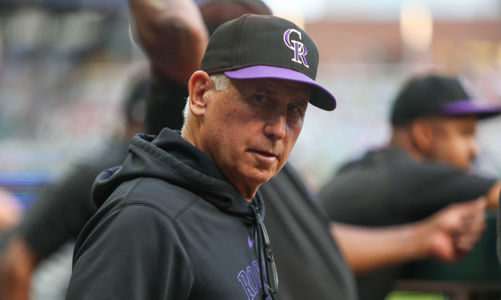 ATLANTA, GEORGIA - SEPTEMBER 5: Manager Bud Black #10 of the Colorado Rockies looks on from the dug...