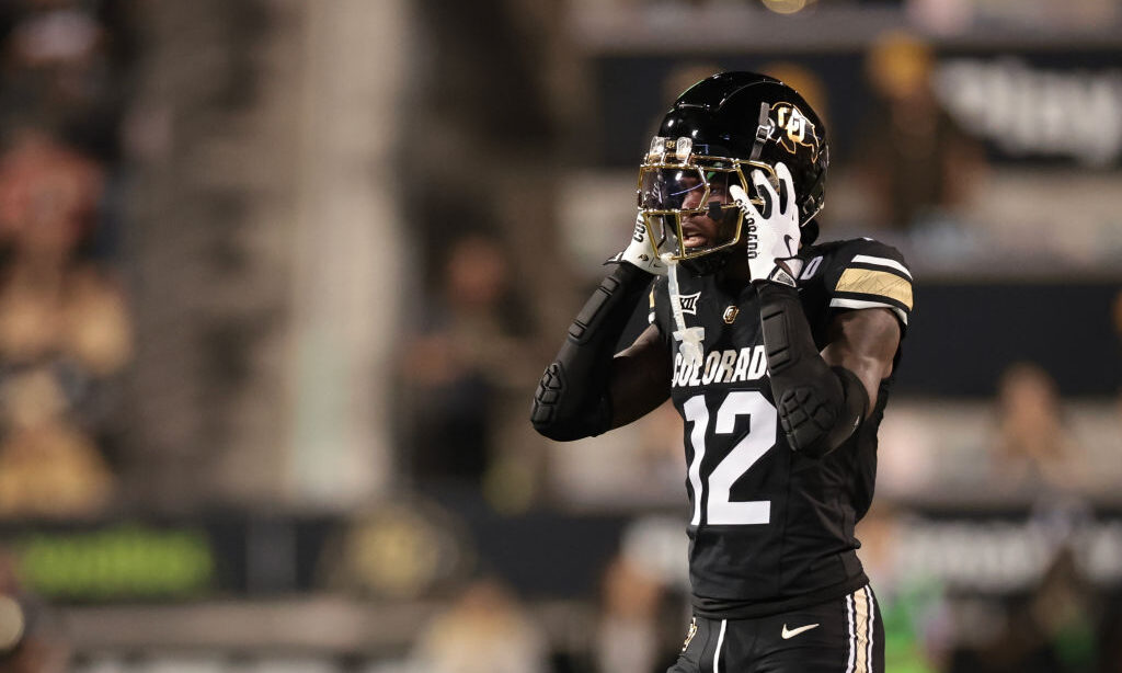 BOULDER, COLORADO - OCTOBER 12: Travis Hunter #12 of the Colorado Buffaloes looks on during the fir...