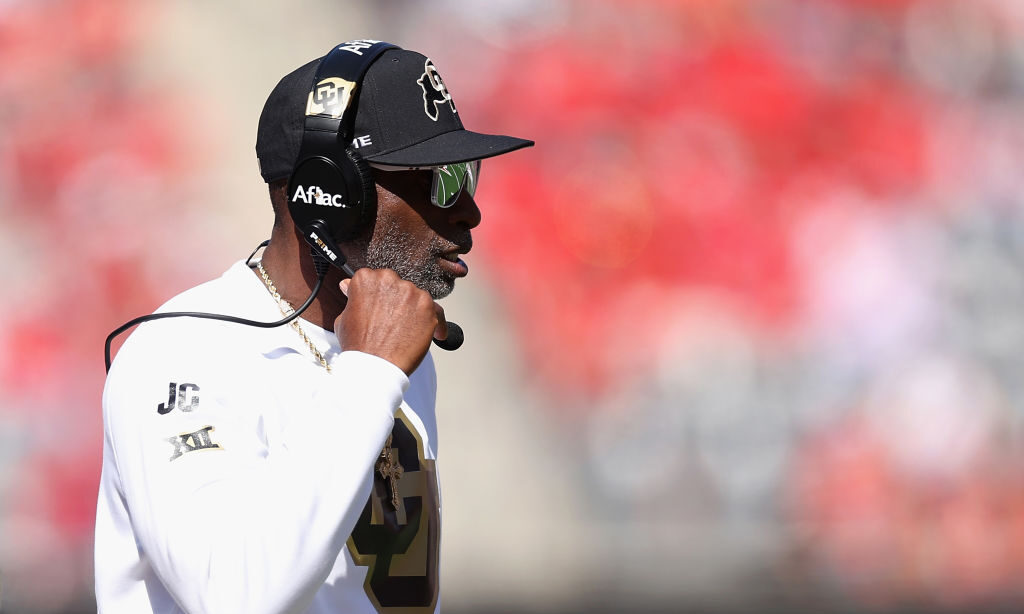 Head coach Deion Sanders of the Colorado Buffaloes...