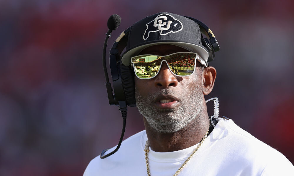 Head coach Deion Sanders of the Colorado Buffaloes watches from the sidelines during the second hal...