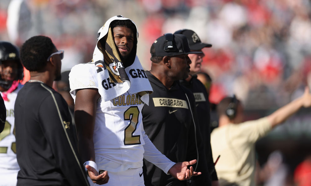 Shedeur Sanders #2 of the Colorado Buffaloes reacts on the sidelines during the second half of the ...