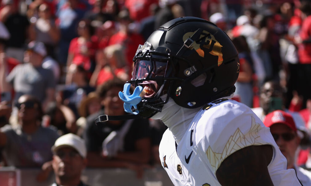 Wide receiver Travis Hunter #12 of the Colorado Buffaloes takes the field for the NCAAF game agains...