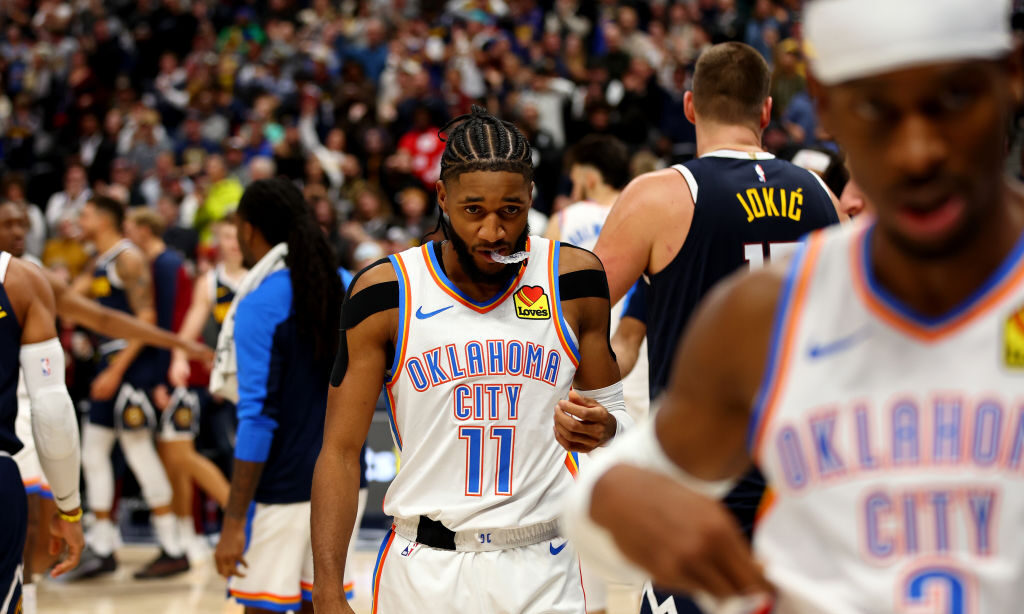 DENVER, COLORADO - NOVEMBER 6: Isaiah Joe #11 of the Oklahoma City Thunder exits the court after lo...
