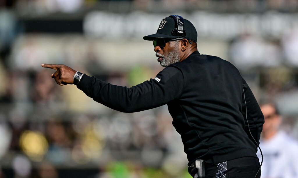 Head coach Deion Sanders (Coach Prime) of the Colorado Buffaloes directs his team in the first half...