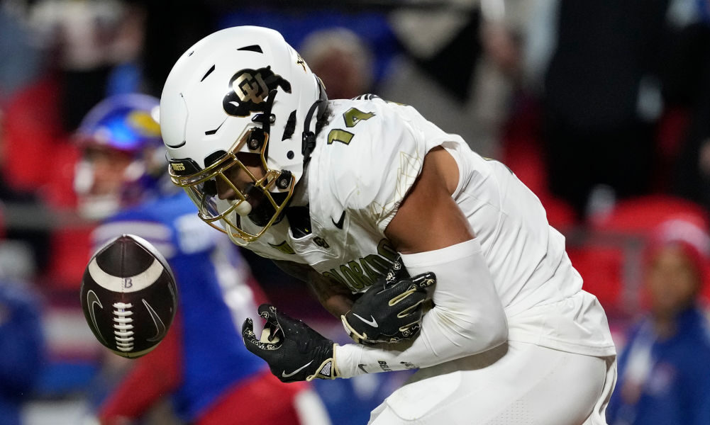 Wide receiver Will Sheppard #14 of the Colorado Buffaloes drops a pass in the end zone against the ...