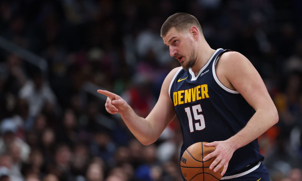 Nikola Jokic #15 of the Denver Nuggets dribbles the ball against the Washington Wizards during the ...