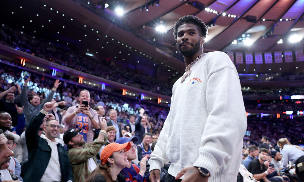 Shedeur Sanders attends the quarterfinal game of the Emirates NBA Cup between the New York Knicks a...