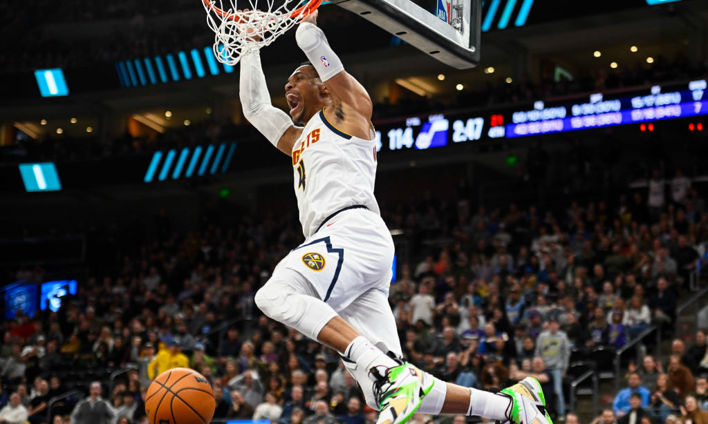 Russell Westbrook #4 of the Denver Nuggets dunks during the second half of a game against the Utah ...