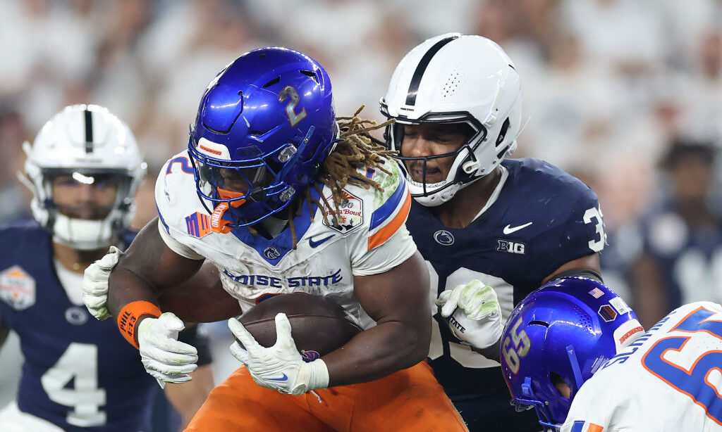 Ashton Jeanty #2 of the Boise State Broncos runs the ball during the third quarter against the Penn...