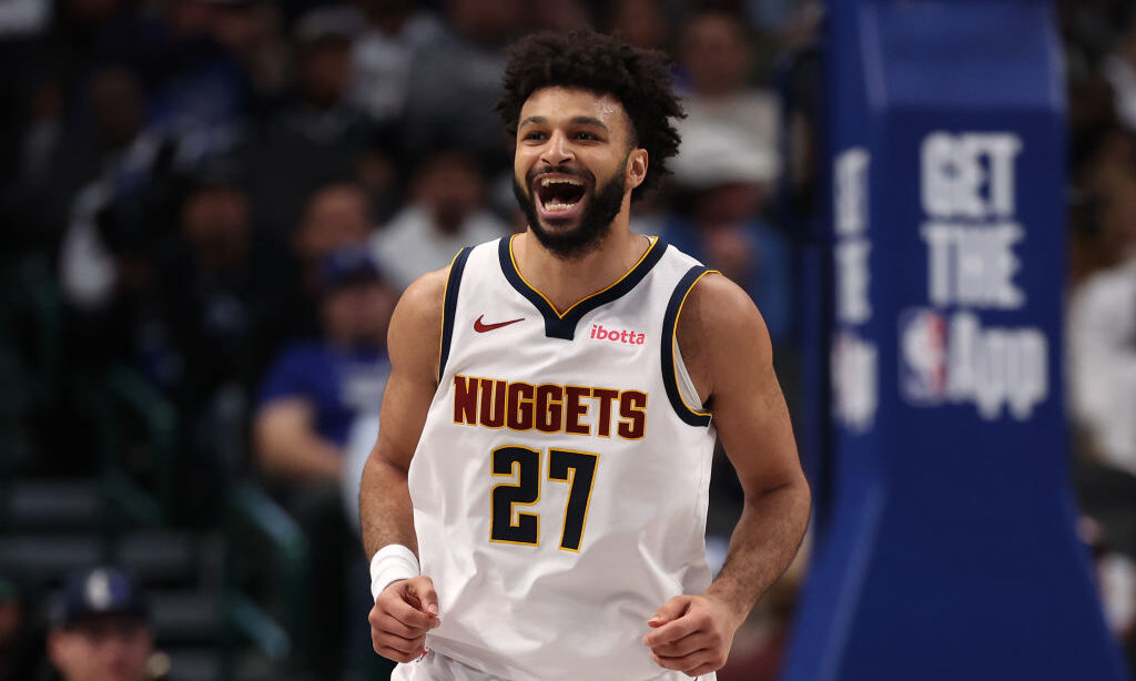 Jamal Murray #27 of the Denver Nuggets reacts after scoring during the second quarter against the D...