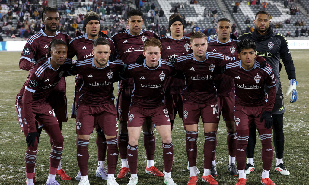 FEBRUARY 18: The Colorado Rapids line up for a team group before their match against LAFC during th...