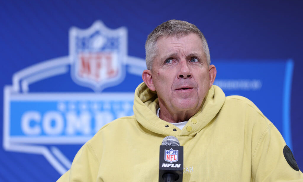 Head coach Sean Payton of the Denver Broncos speaks to the media during the NFL Scouting Combine at...