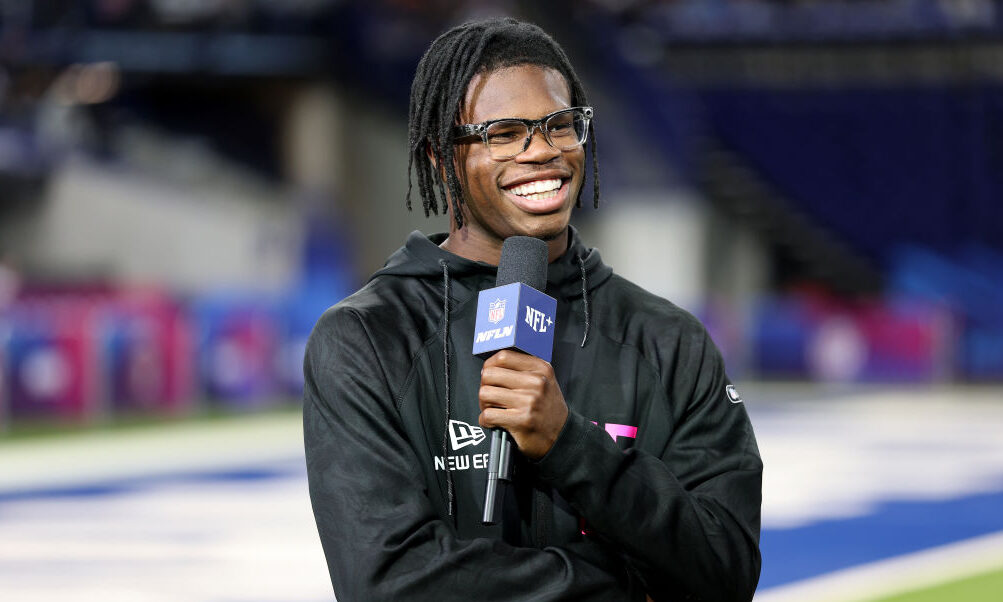 INDIANAPOLIS, INDIANA - FEBRUARY 28: Travis Hunter #DB15 of Colorado looks on during the NFL Scouti...