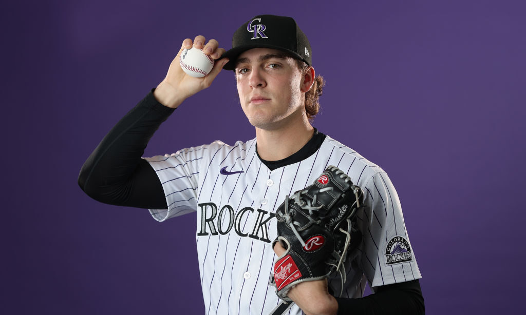 SCOTTSDALE, ARIZONA - FEBRUARY 20: Chase Dollander #78 of the Colorado Rockies poses for a portrait...