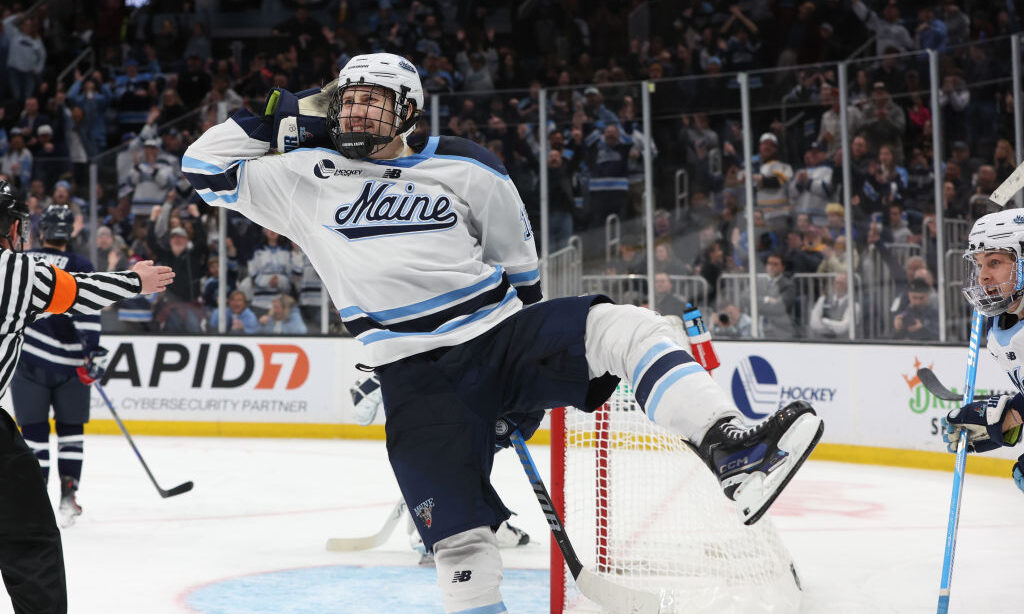 BOSTON, MASSACHUSETTS - MARCH 21: Taylor Makar #18 of the Maine Black Bears celebrates his goal aga...
