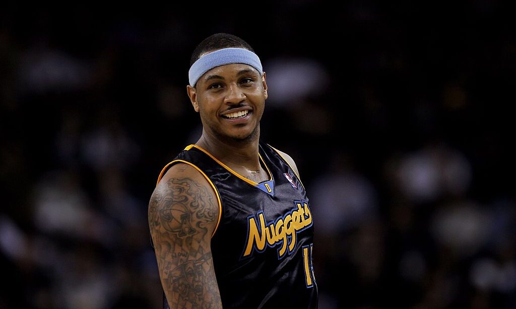 Carmelo Anthony #15 of the Denver Nuggets stands on the court during their game against the Golden ...