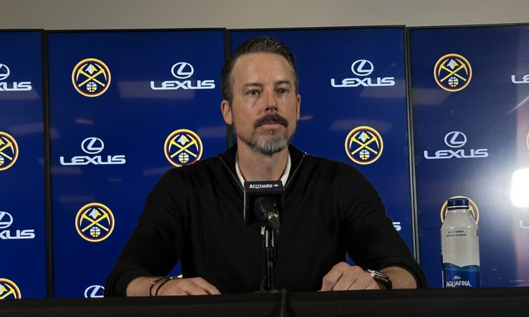 Josh Kroenke speaks at a press conference at Ball Arena on April 14, 2025...
