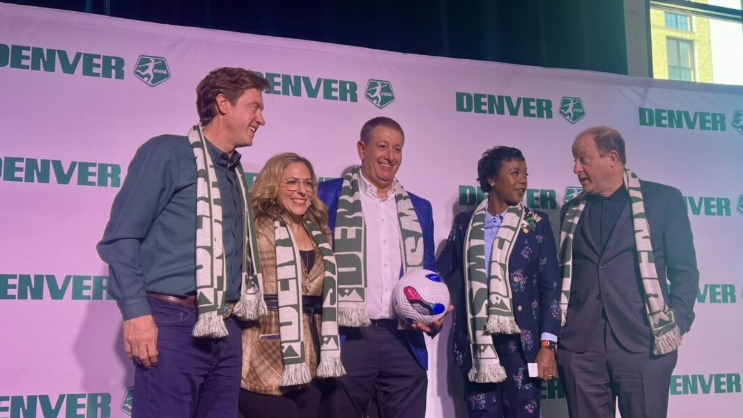 Denver mayor Mike Johnston, NWSL Commissioner Jessica Berman, Denver owners Rob Cohen and Mellody H...
