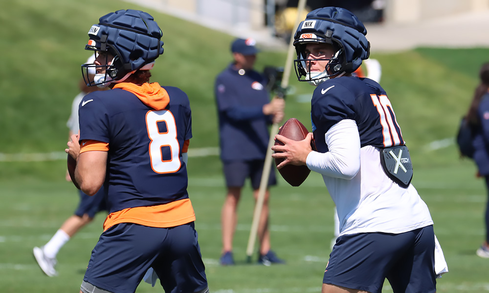 Broncos QBs Jarrett Stidham and Bo Nix...