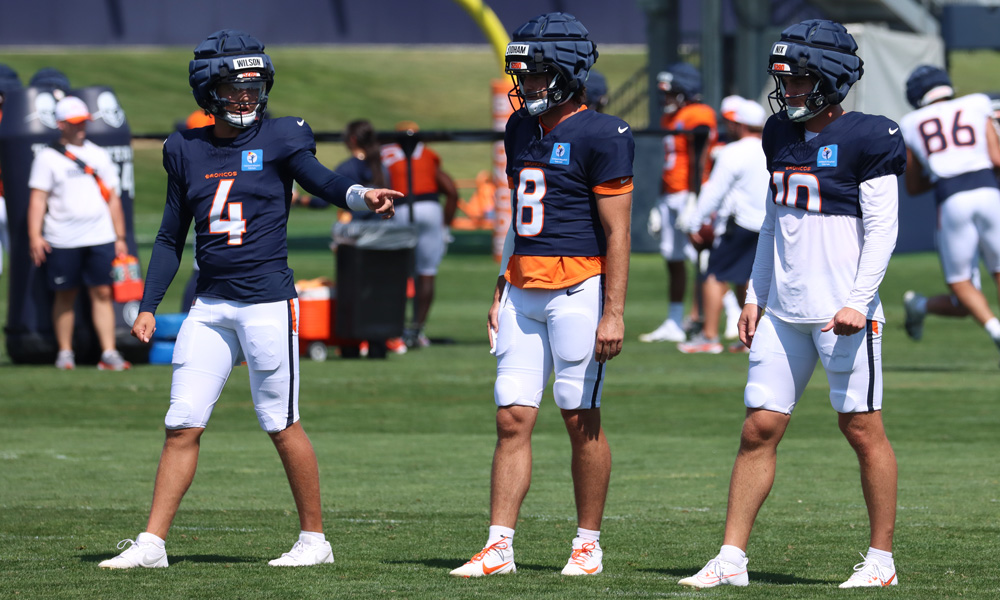 Broncos quarterbacks Zach Wilson, Jarrett Stidham and Bo Nix three QBs...