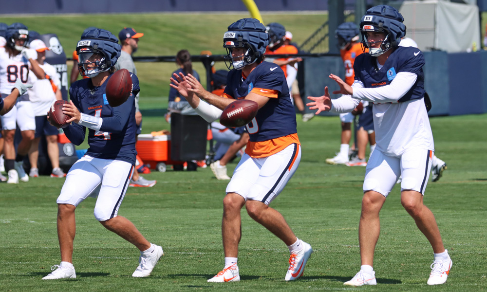 Broncos quarterbacks Zach Wilson, Jarrett Stidham and Bo Nix...